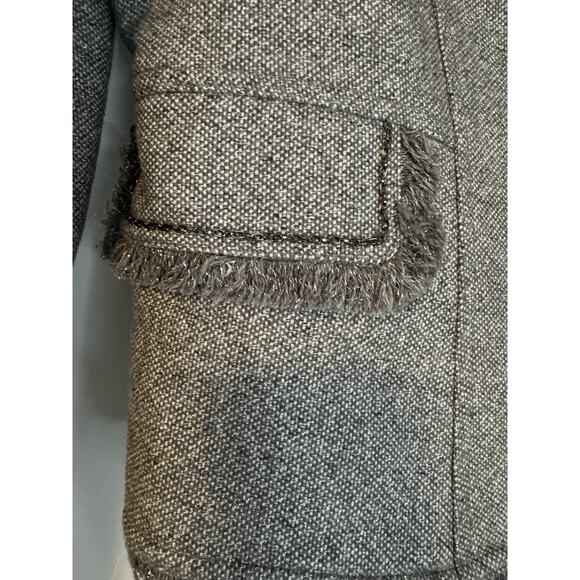 Cache Size Large Y2K Metalic Silver Gray Boucle Wool Blend Tweed Blazer Fringe - Picture 4 of 11